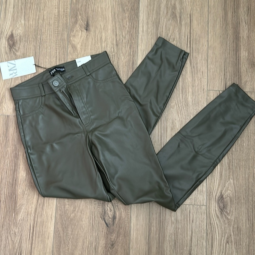 Zara high rise leather olive green leggings
